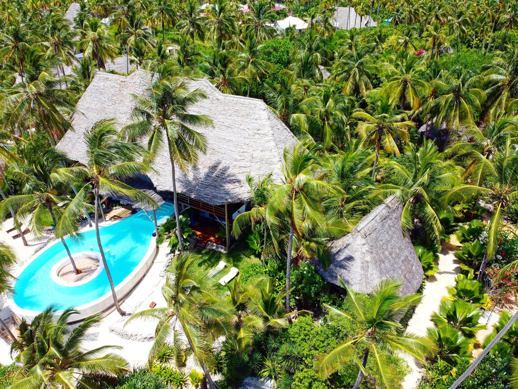 Asili House from the air, its pool and the beach in front