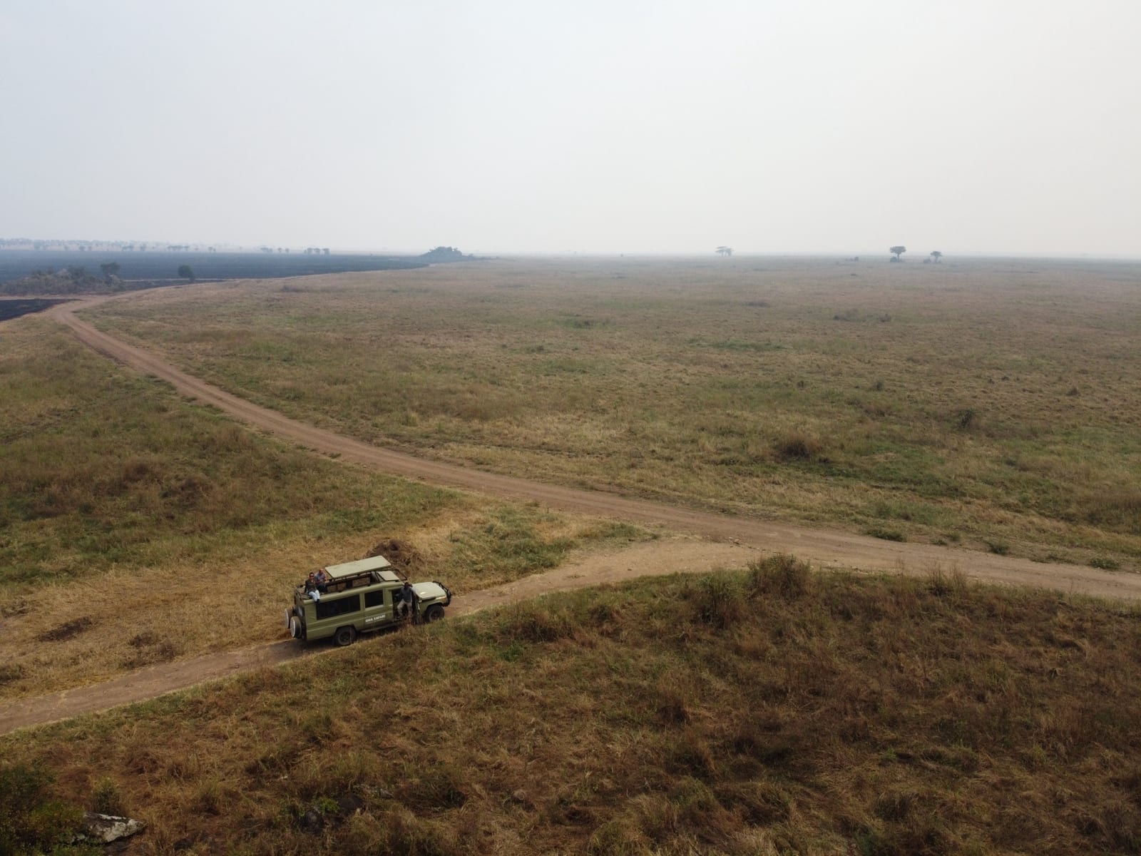 Véhicule de safari sur une piste de terre à travers une savane sèche