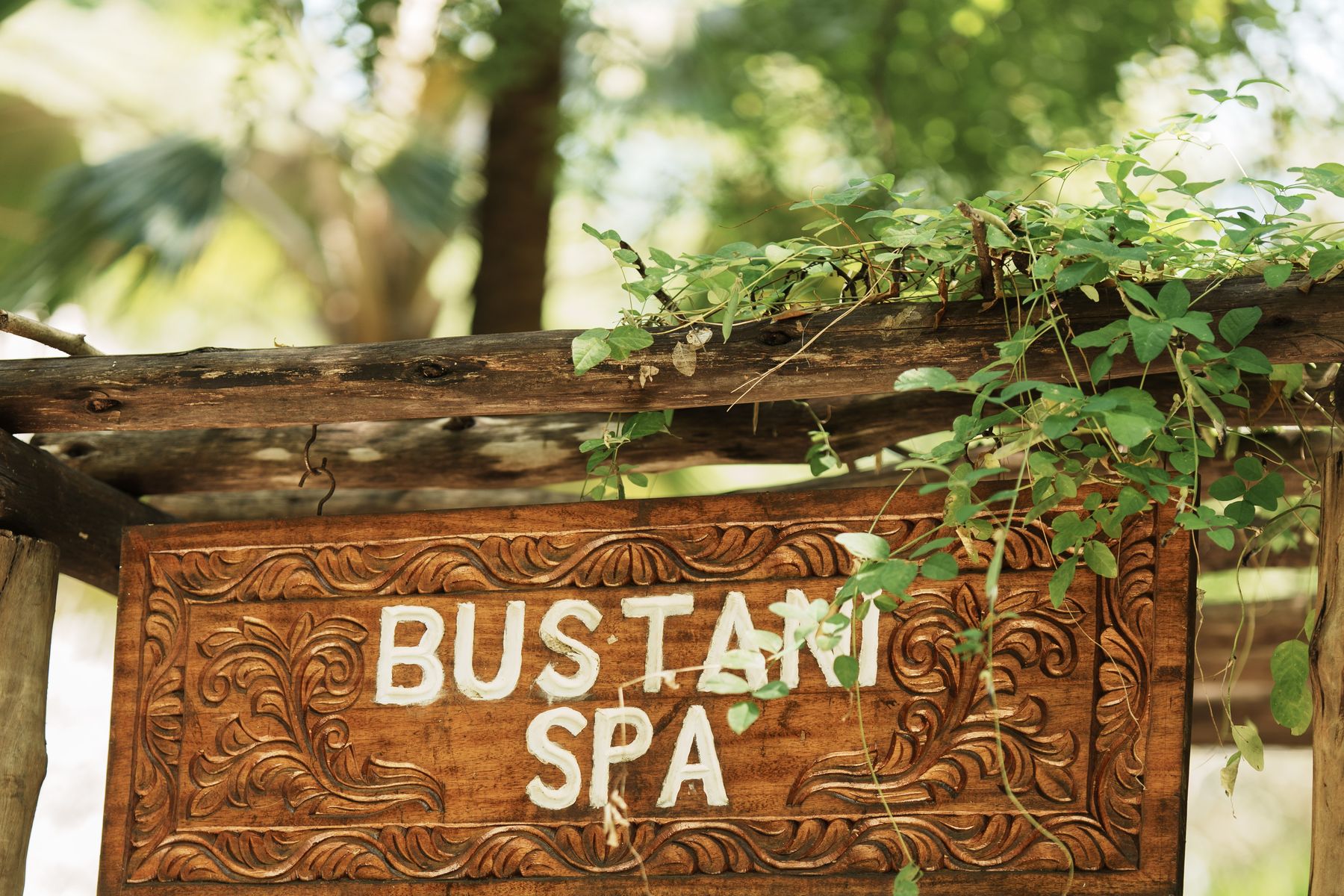 Rzeźbiony drewniany szyld Bustani Spa przy wejściu do ogrodu
