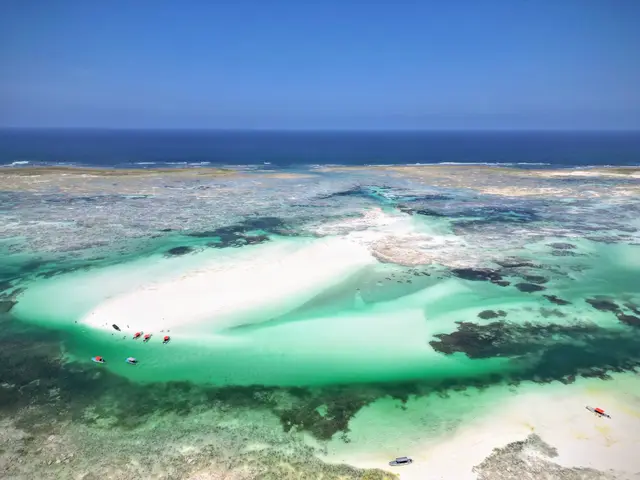 A pale sandbank surfacing from turquoise water at low tide, with darker reef and the horizon behind