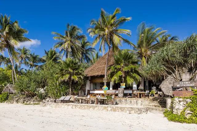 The thatched restaurant building among palm trees, seen from the white sand of the beach
