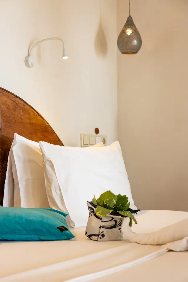 White pillows and a turquoise runner on the bed, with a small green plant, a reading light and a pendant lamp on the wall